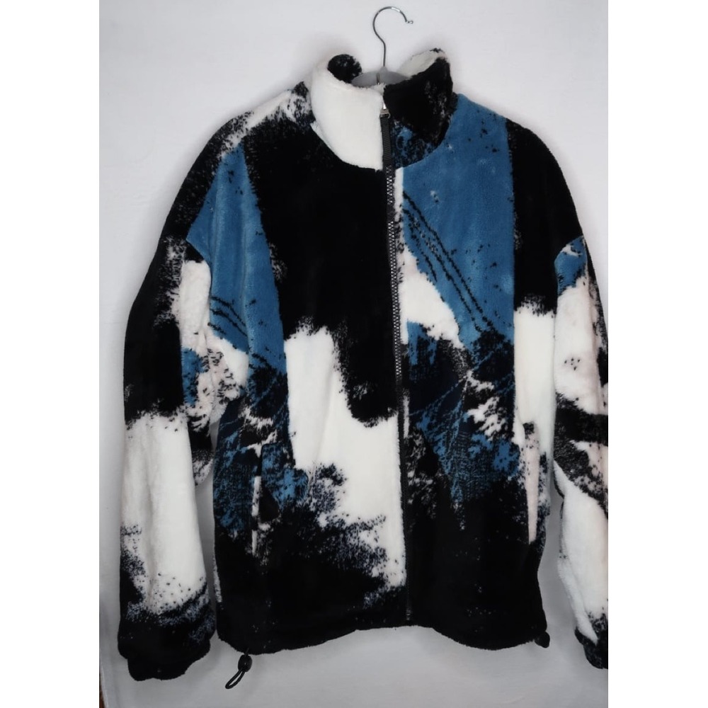 Zara Man Abstract‎ Print Sherpa Fleece Zip Jacket Blue Black White Mens Medium